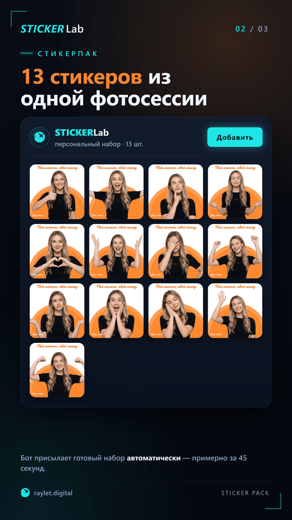 Готовый персональный Telegram-стикерпак из 13 стикеров, созданных из одной фотосессии